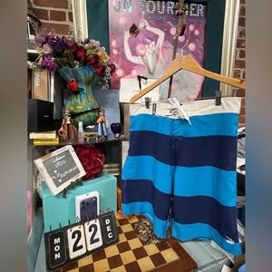Pacific Surf Blue Striped Board Shorts Swim Trunks Mens